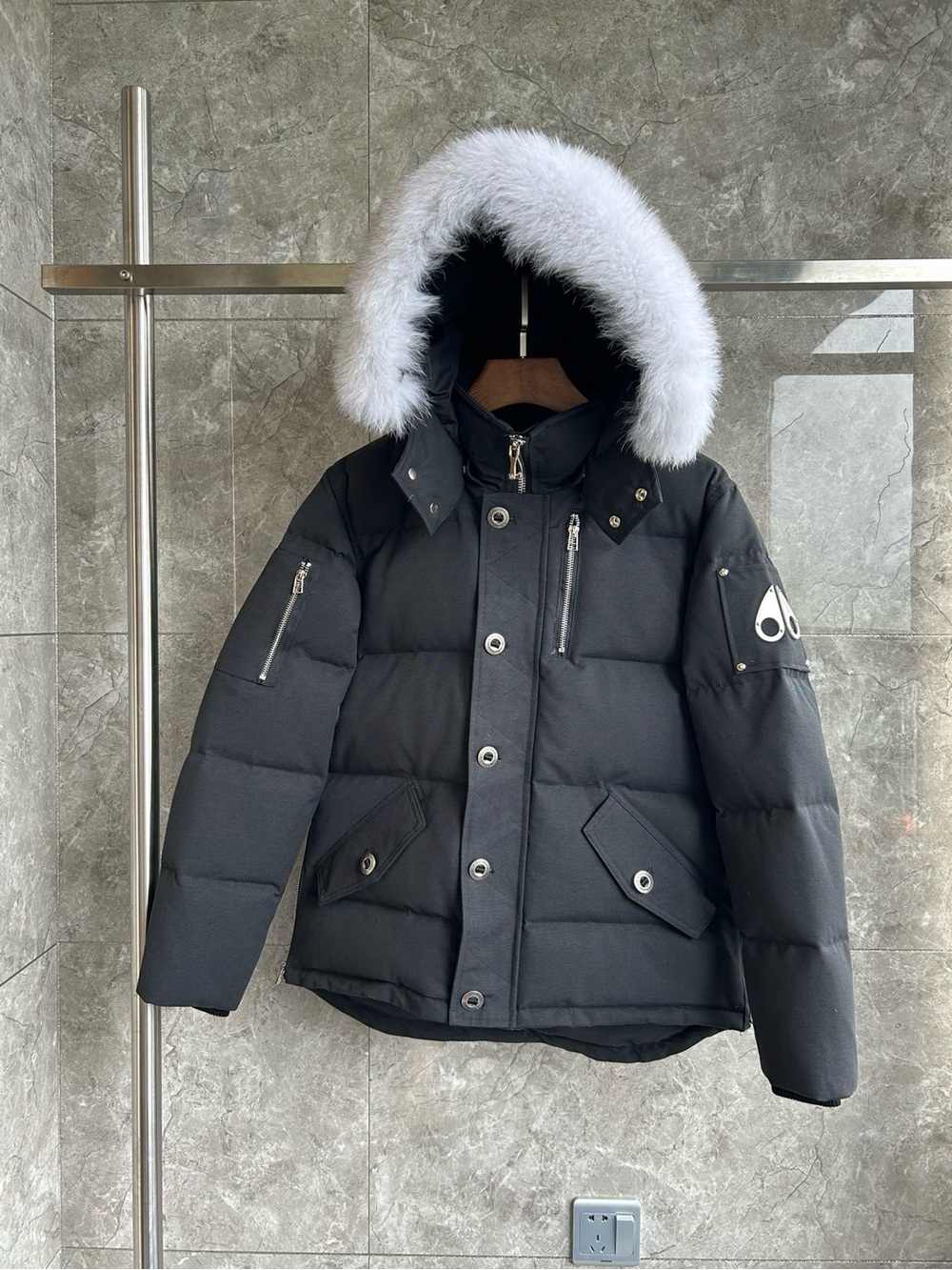 Moose Knuckles Black Puffer Jacket with White Fur Trim Hood